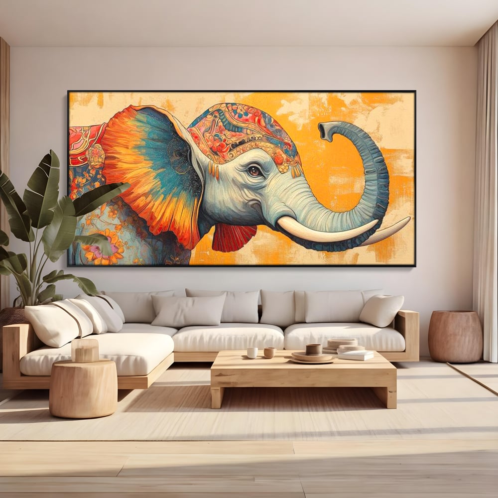 Tablou canvas cu tablou canvas cu elefant decorat in stil oriental, in rama de aluminiu negru, pe perete intr-un living